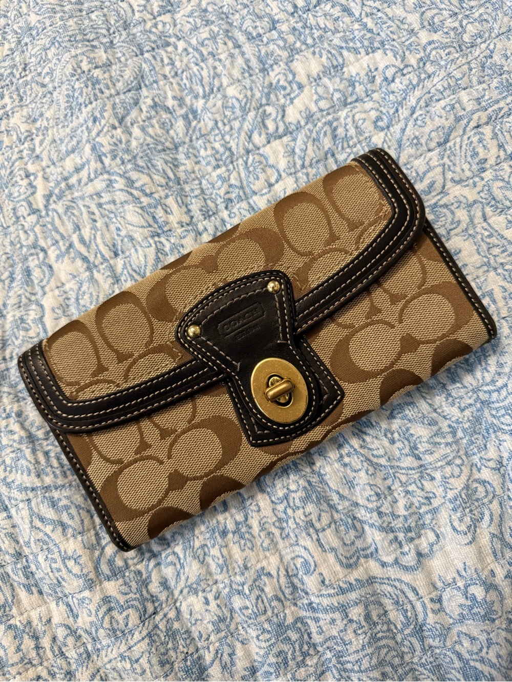 Coach Legacy Signature Black Khaki Canvas Leather Slim Turnlock Wallet
